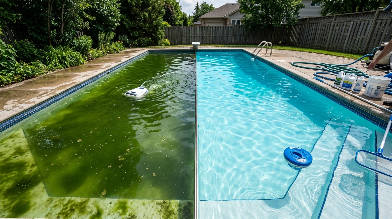 Antes e depois de limpar piscina verde